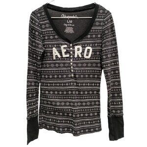 Vintage Y2K Aeropostale Womens Thermal  Logo Top Large Black Fair Isle Henley